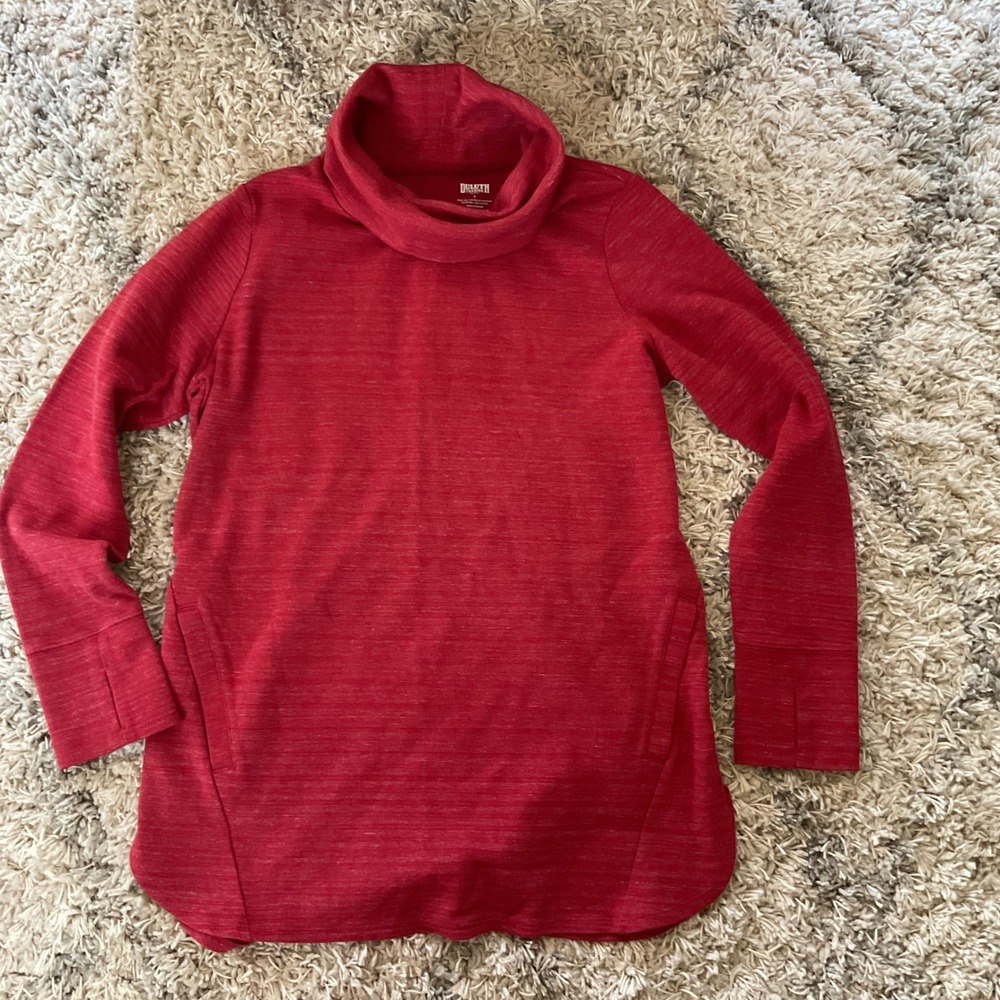 Duluth Trading Co Womens Cowl Neck Tunic Heather Red Thumbholes Pockets Large